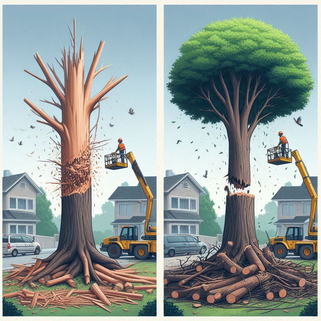 Blog Article - Before and after images of a tree removal process, showing a hazardous tree safely removed